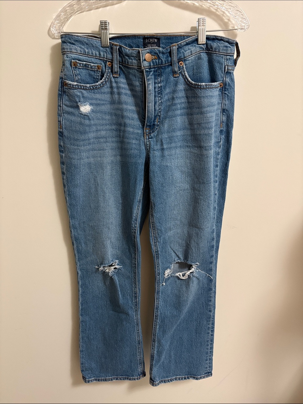 J. Crew Flare Cropped Distressed Jeans in Medium Blue